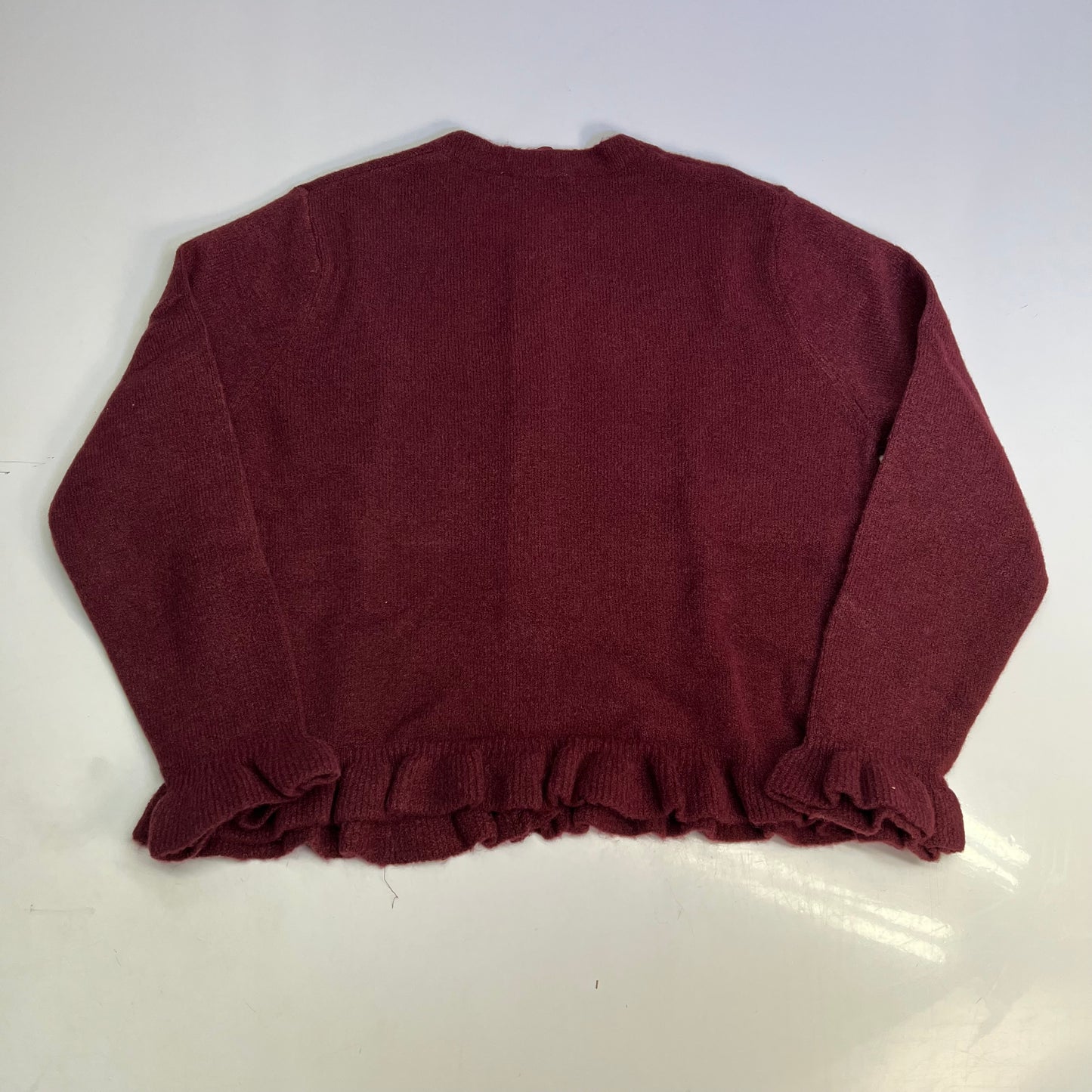 ZARA Plain Knit Cardigan W/ Ruffle Sleeves & Pearl Buttons Womens Sz XL Burgundy