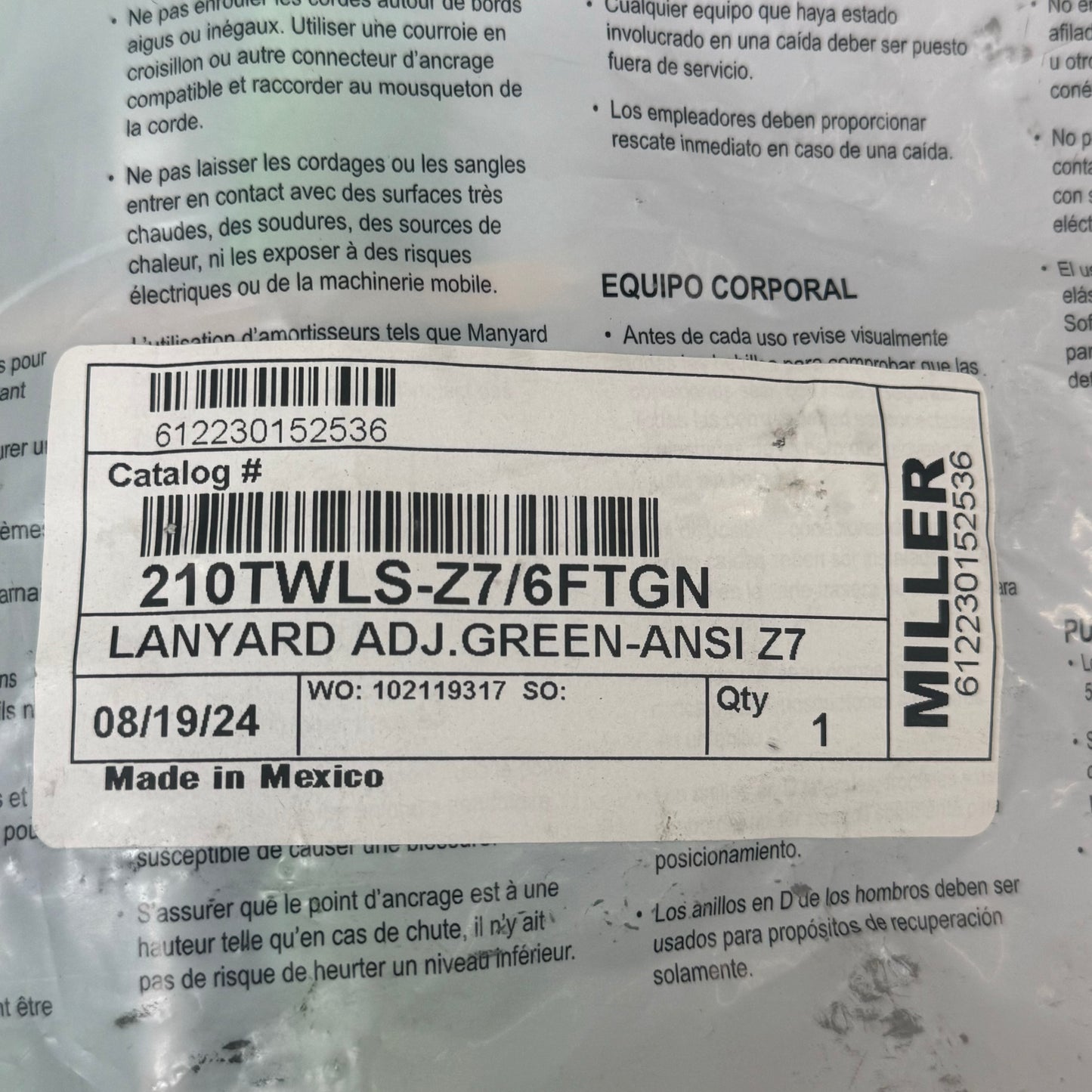 HONEYWELL Lanyard Adjustable High Performance 310 lb Cap 6ft 210TWLS-Z7/6FTGN