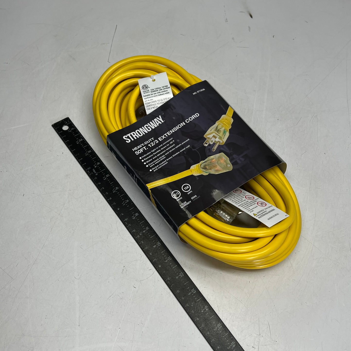 STRONGWAY Outdoor Extension Cord  15 Amps 12/3 Gauge 50' Yellow 5713536