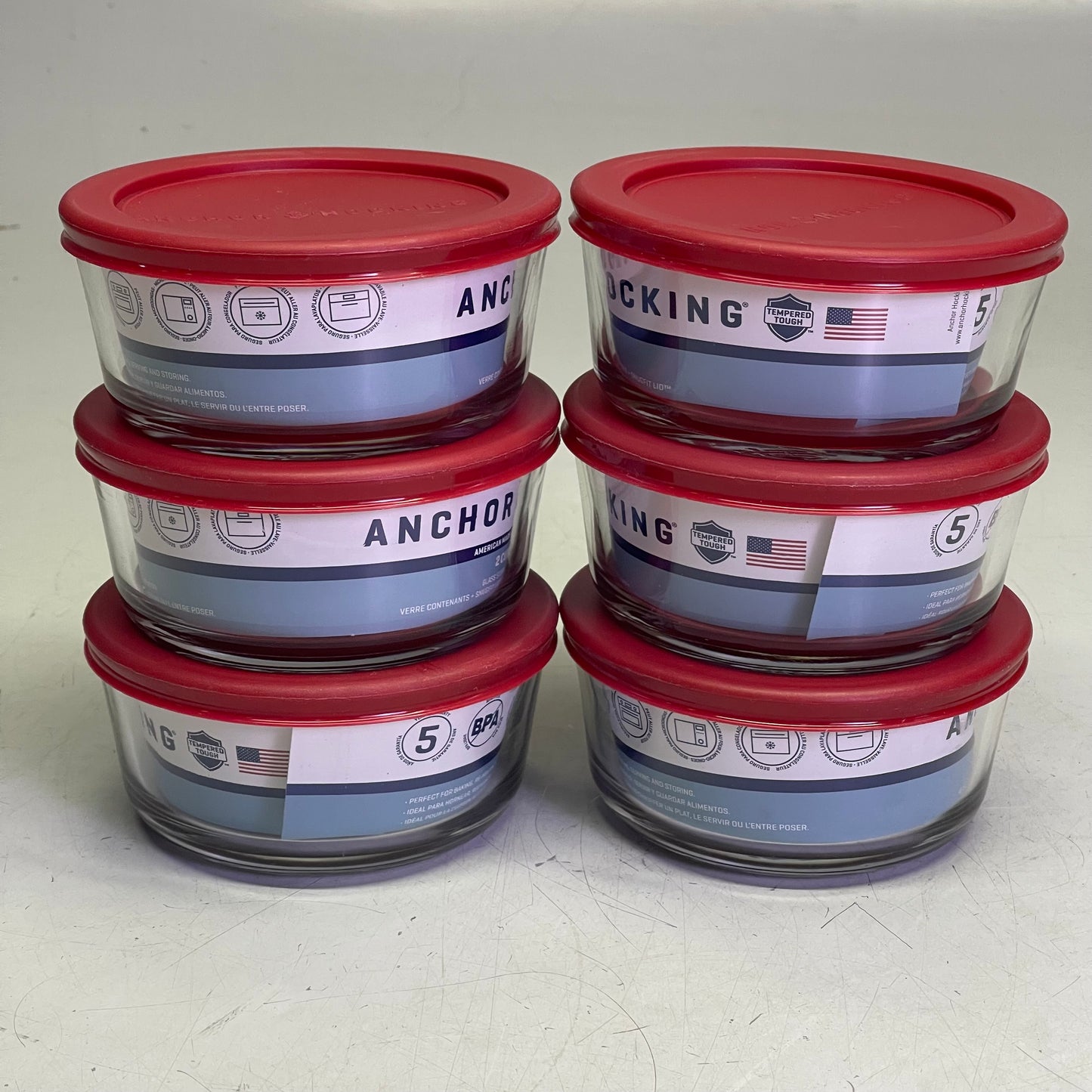 ANCHOR HOCKING (6 PACK) 2-Cup Glass Food Storage Container Clear + Red Lid 91547