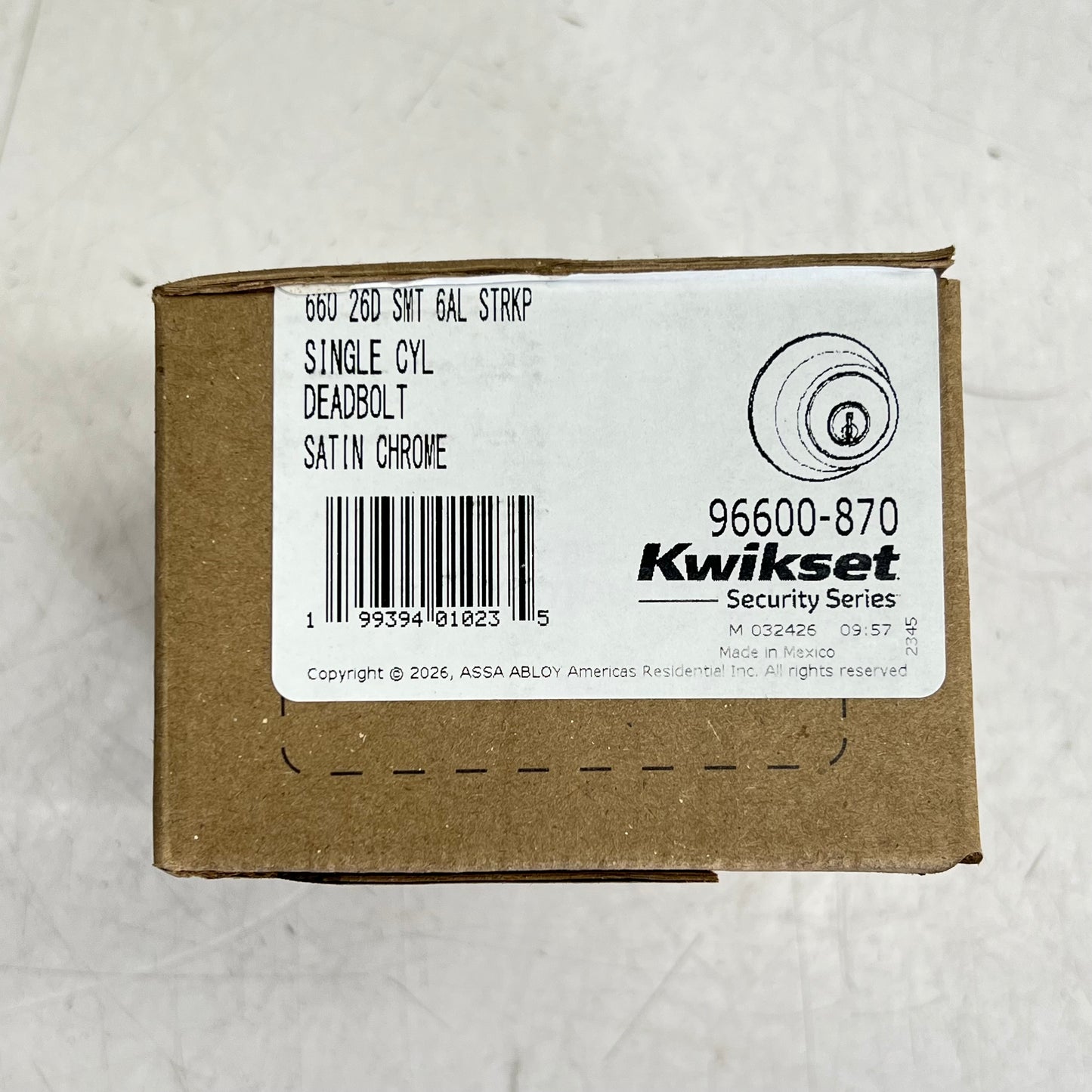 KWIKSET Single Cylinder Deadbolt W/ Smart Key Security Satin Chrome 96600-870
