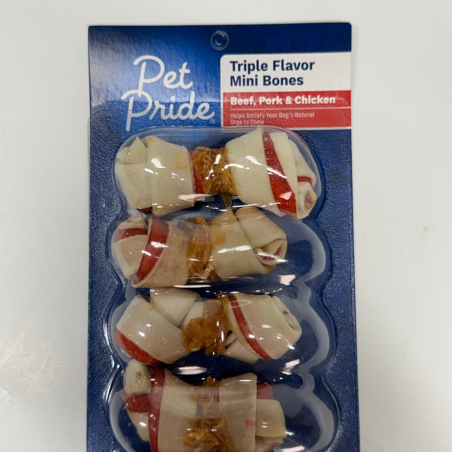 PET PRIDE (2 PACK) Triple Flavor Mini Bones Beef, Pork & Chicken Chews for Adult Dogs 2.9 oz. BB 08/27