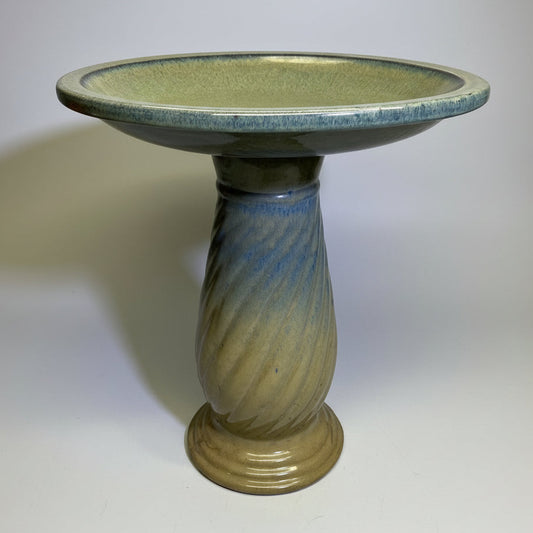 ZA@ Glazed Pottery 2 Piece Swirl Stand Bird Bath 22" L x 20" Dia Olive Green/Taupe