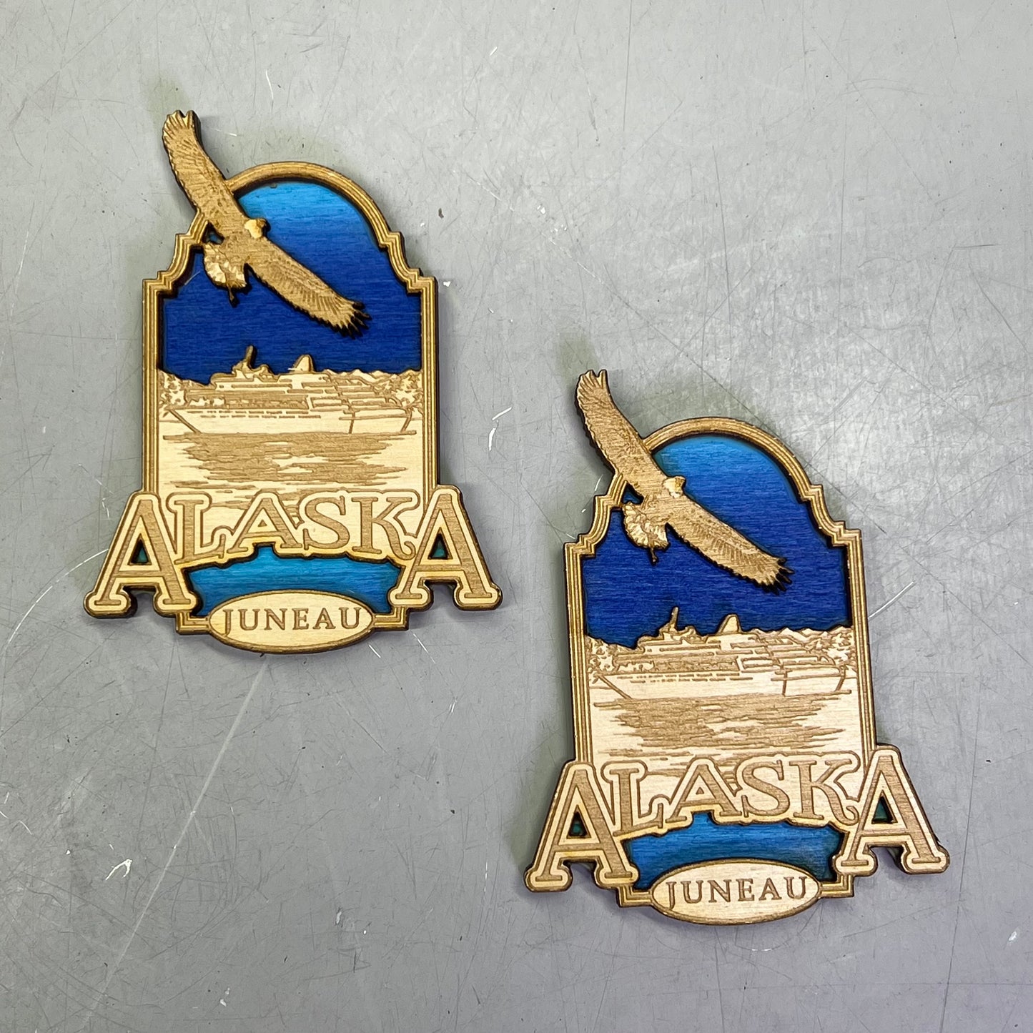 (2 PACK) Boat in the Sea Laser Cut Wood Magnet Souvenir JUNEAU, AK Made In USA