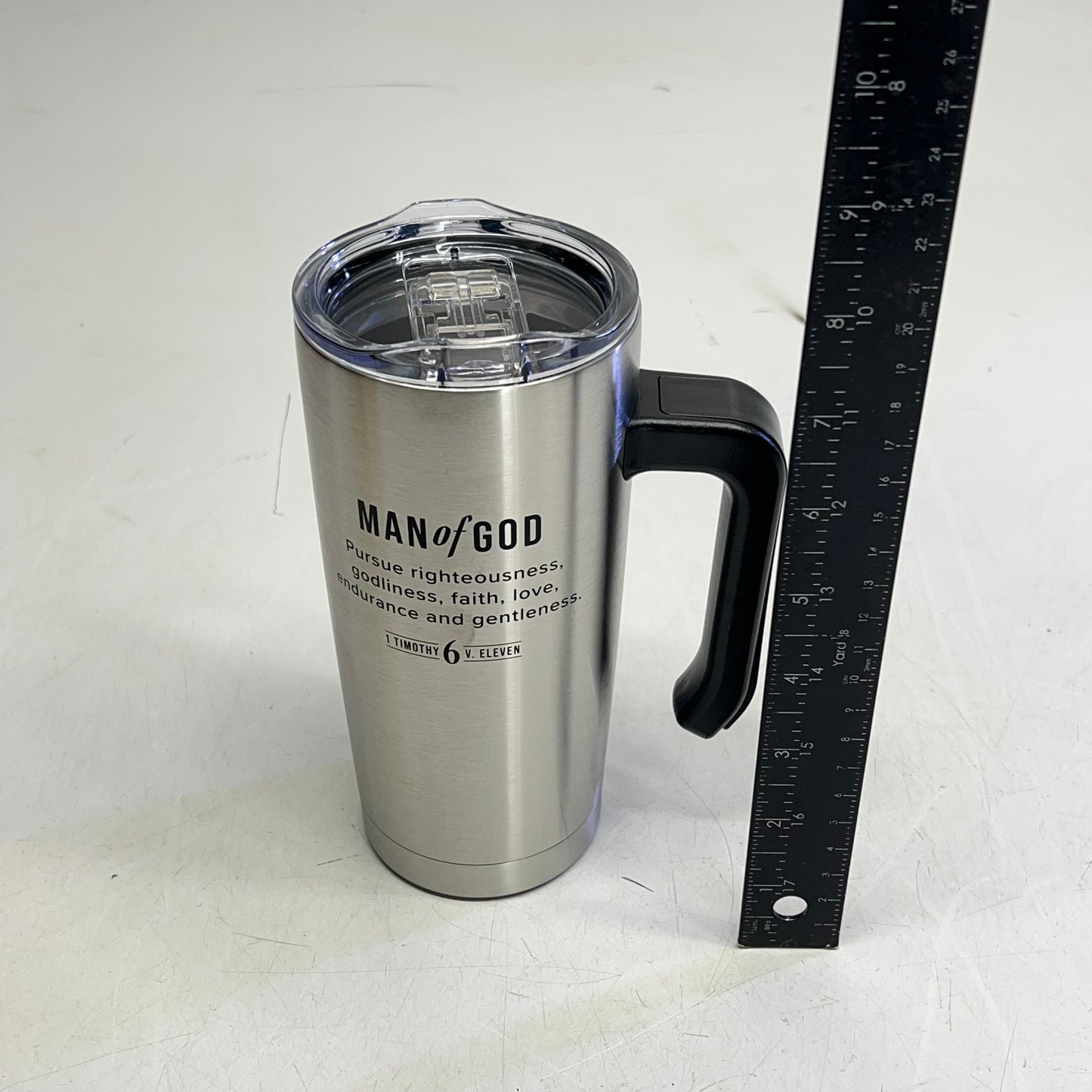 CHRISTIAN ART GIFTS Timothy 6:11 Travel Mug with Handle 18 fl oz Silver SMUG328