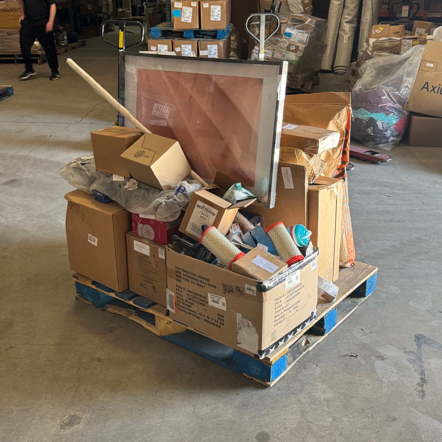 ZA@ Pallet of MIXED Art Printed Wall Frame, Air Filters, Shelf Support, Cups, T-Shirt, Dog Treats, Etc... (AS-IS)