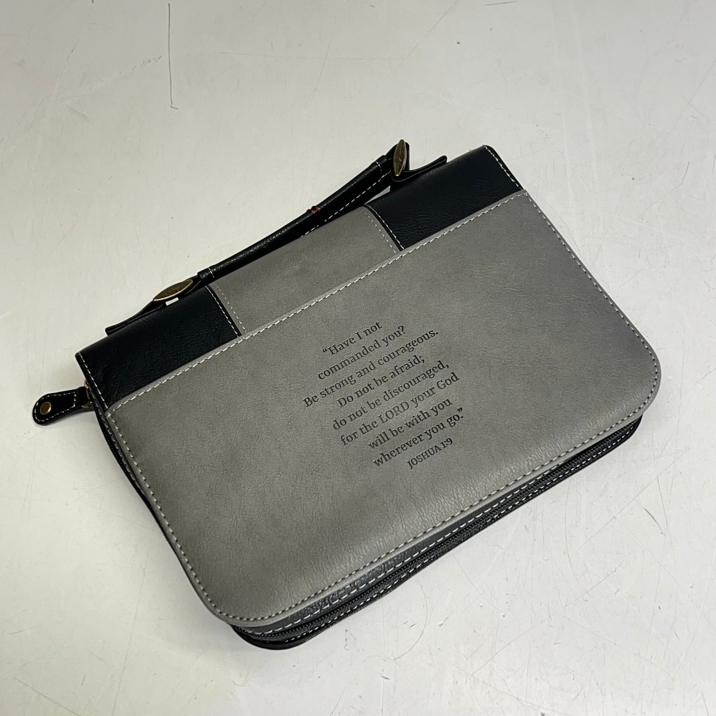CHRISTIAN ART GIFTS Joshua 1:9 Faux Leather Classic Bible Cover 6"x9" Grey/Black