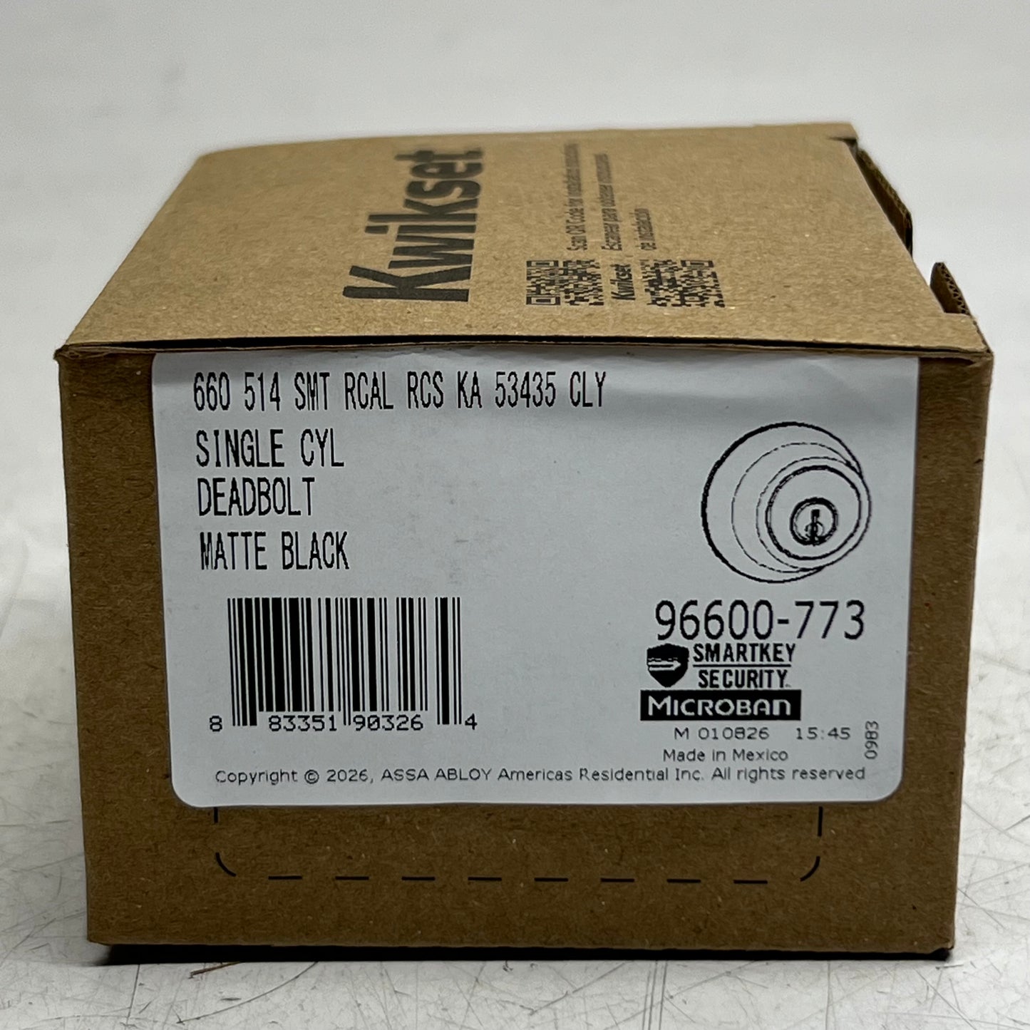KWIKSET 660-514 Smt Rcal Single Cyl Deadbolt, Matte Black 96600-773