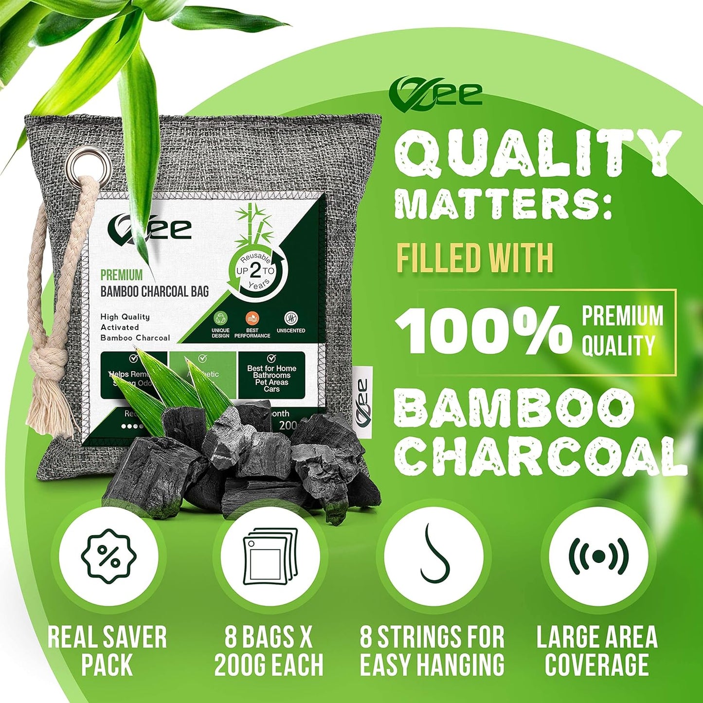 VZEE Bamboo Charcoal Air-Purifying Bag Odor-Eliminator 8 Purifiers Per Bag