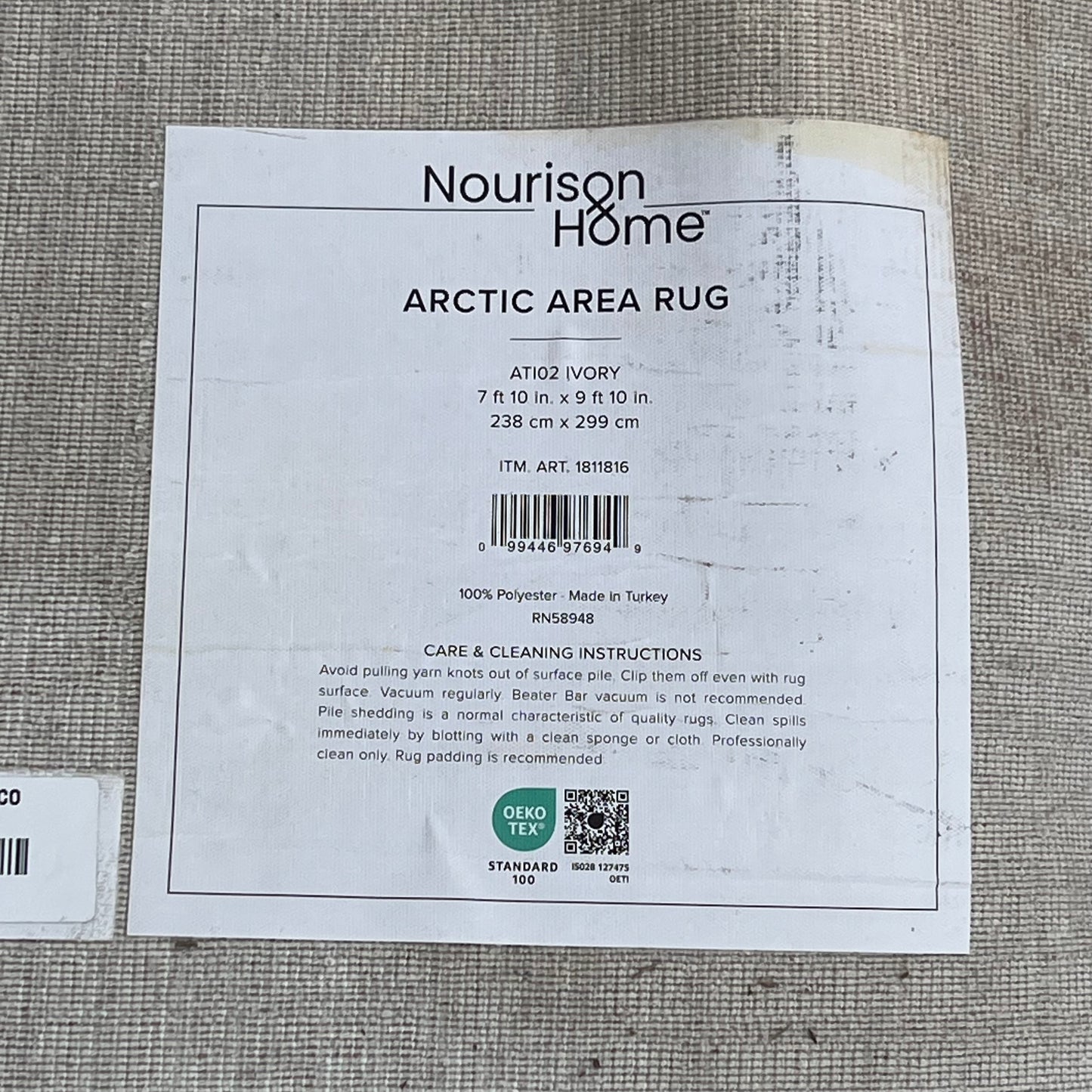 ZA@ NOURISON & HOME  Arctic Area Rug Low Pile 7' x 9' Ivory 1811816 (Return)