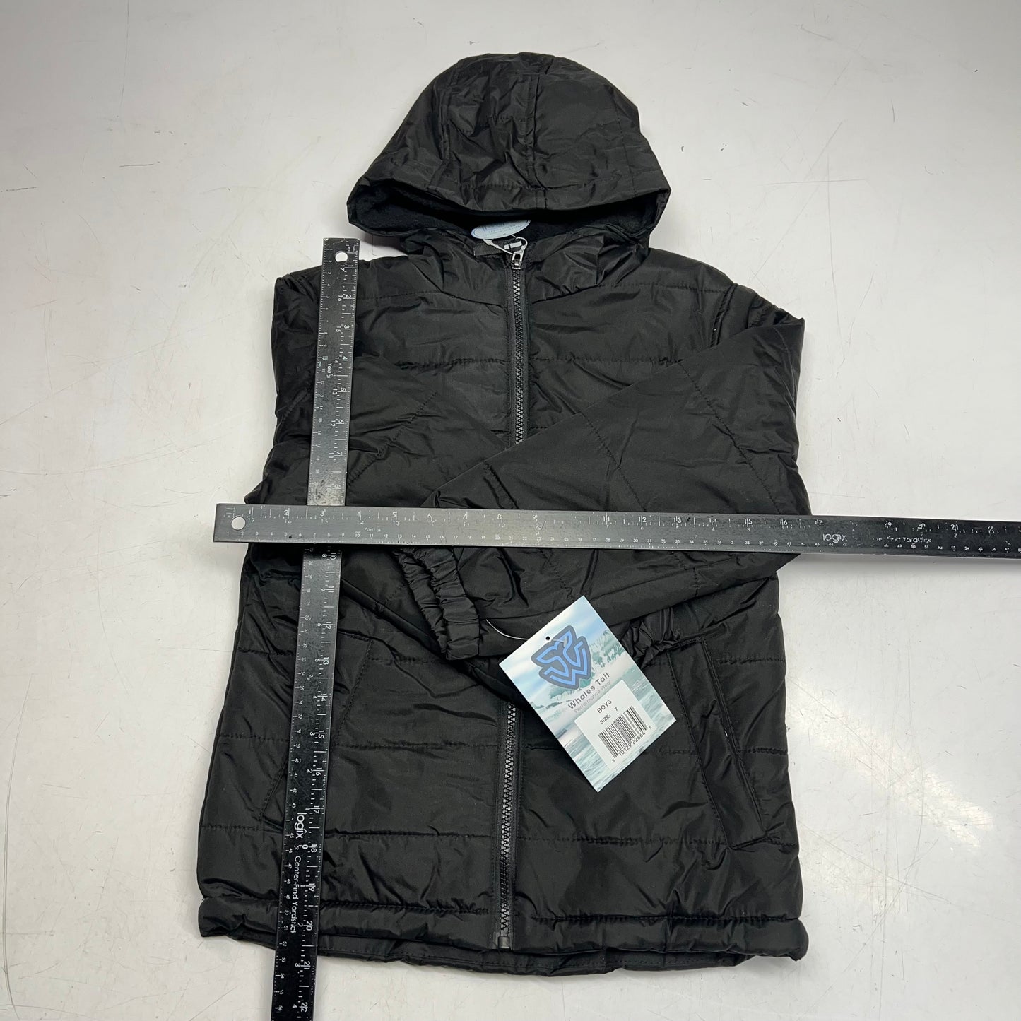 WHALES TAIL Fleece Lined Hooded Full Zip Up Winter Coat  Boy's Sz 7 Black