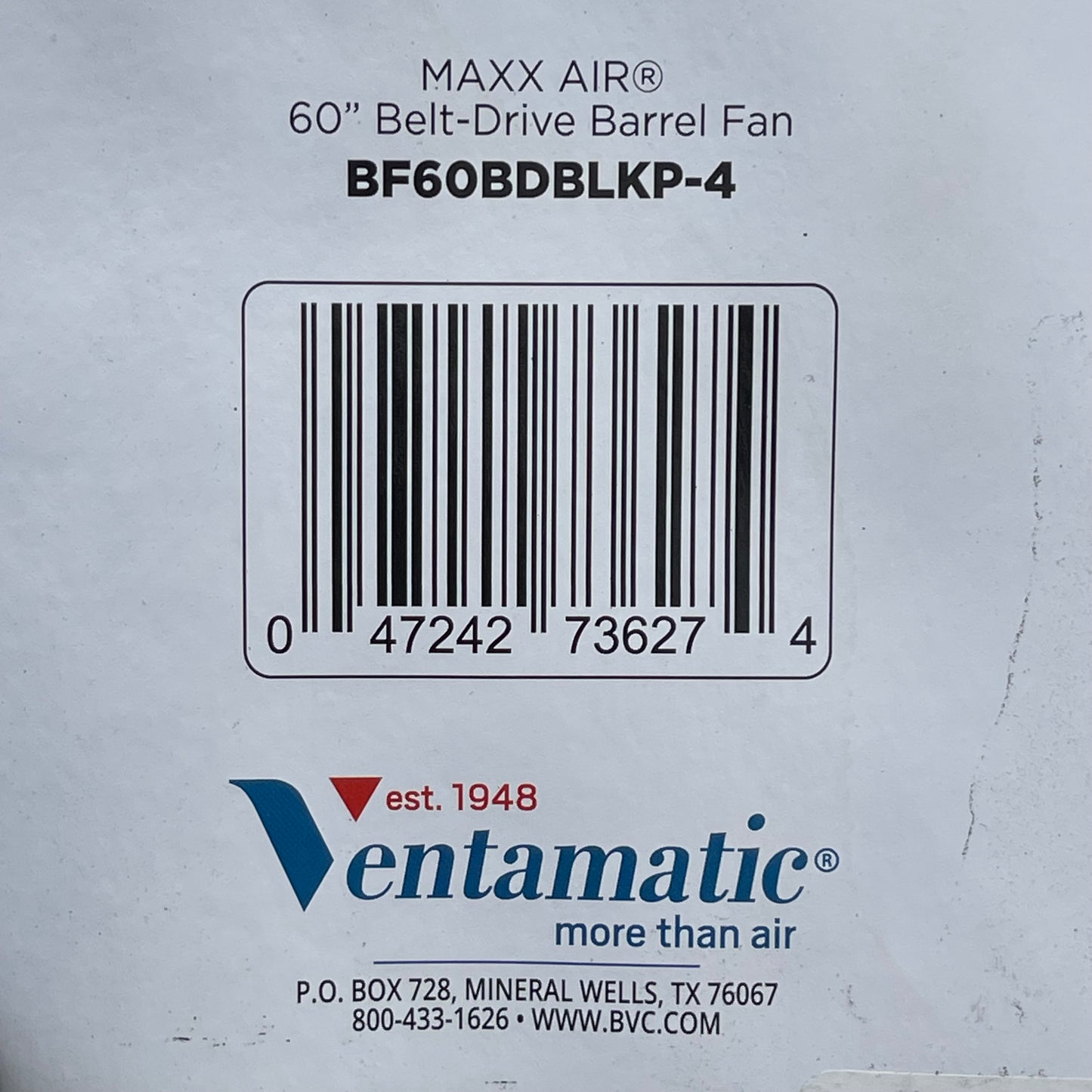 Z@ VENTAMATIC Maxx Air Belt Drive Barrel Fan 60” BF60BDBLKP-4 (New)