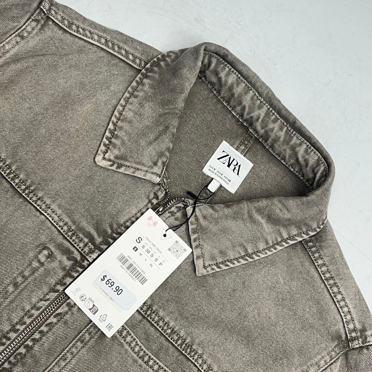 ZA@ ZARA Zip Up Denim Jacket W/ Chest Pocket Women's Sz S Stonewashed Grey