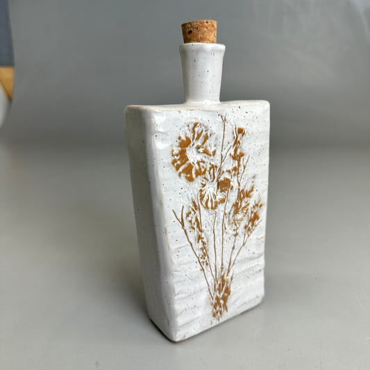 8" Embossed Stoneware Bottle w/Flower & Cork Stopper White