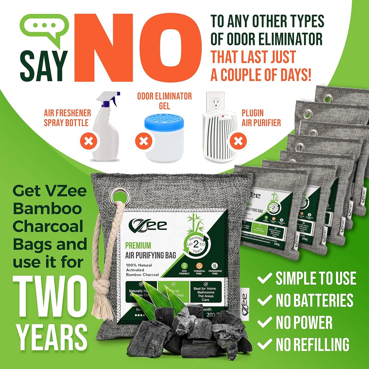 VZEE Bamboo Charcoal Air-Purifying Bag Odor-Eliminator 8 Purifiers Per Bag