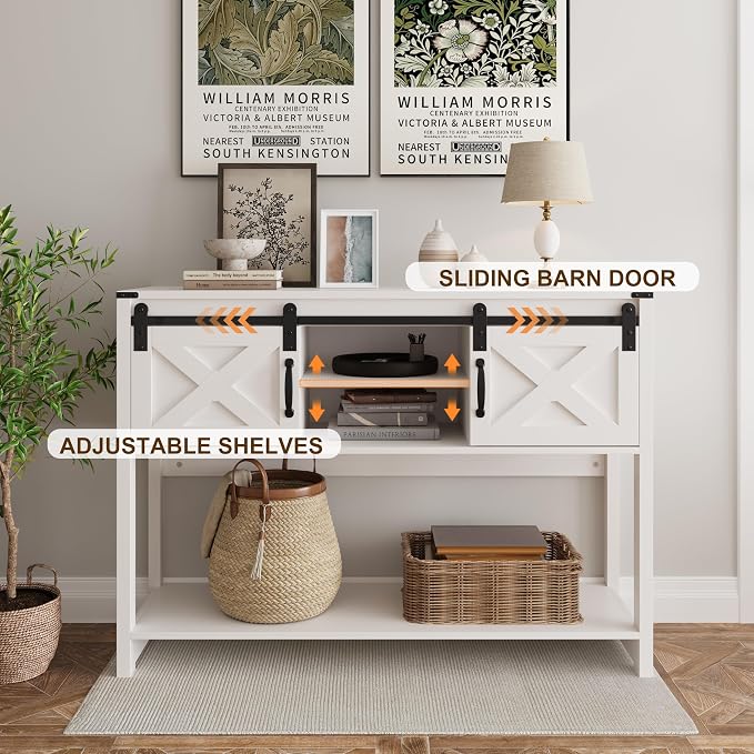 ROYALCRAFT Modern Farmhouse Console Table with Sliding Barn Door White ZTS016PS