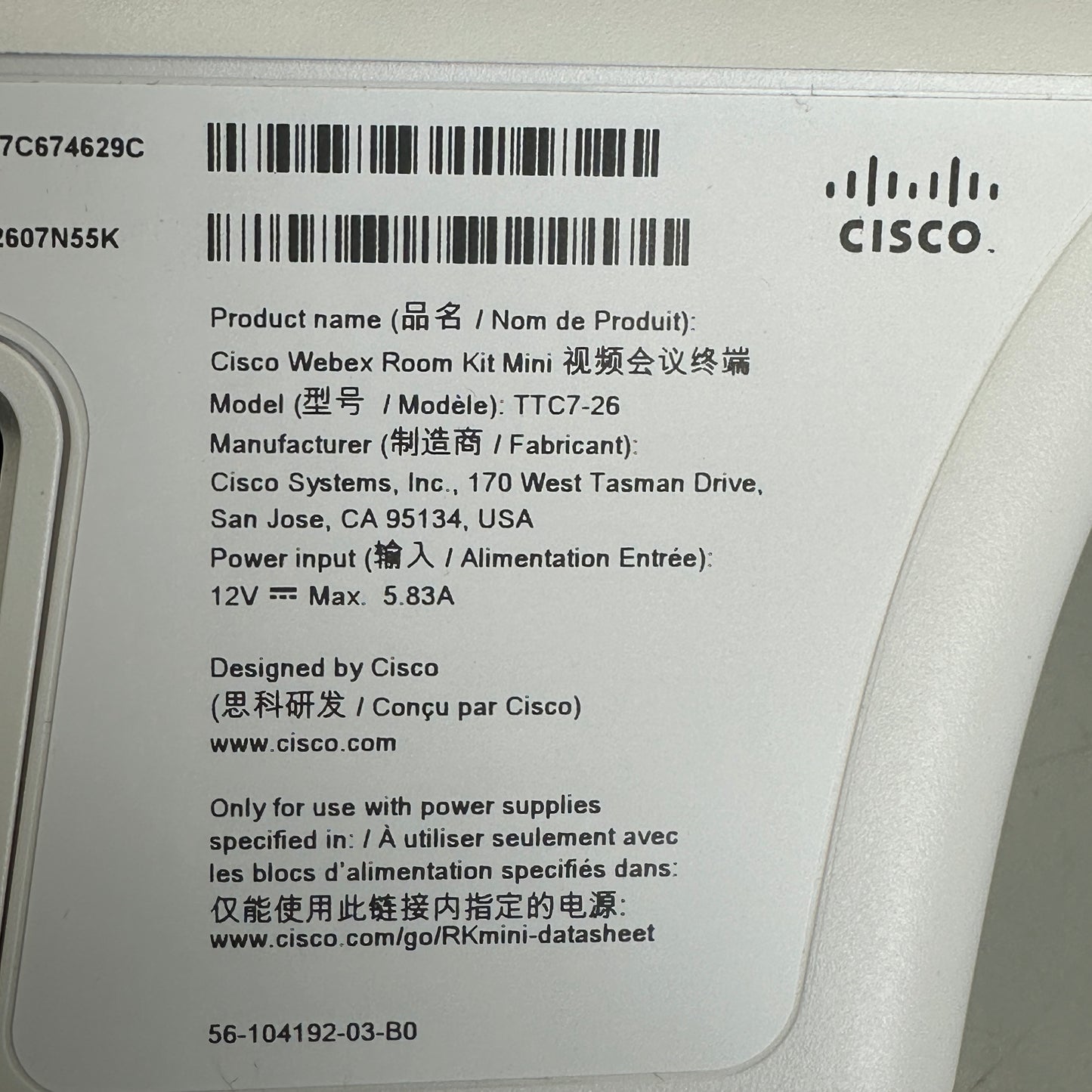 CISCO 68-102300-01 Webex Room Kit 16.Sz 9.5 in X 6.5 in X 19.5 Silver/Black