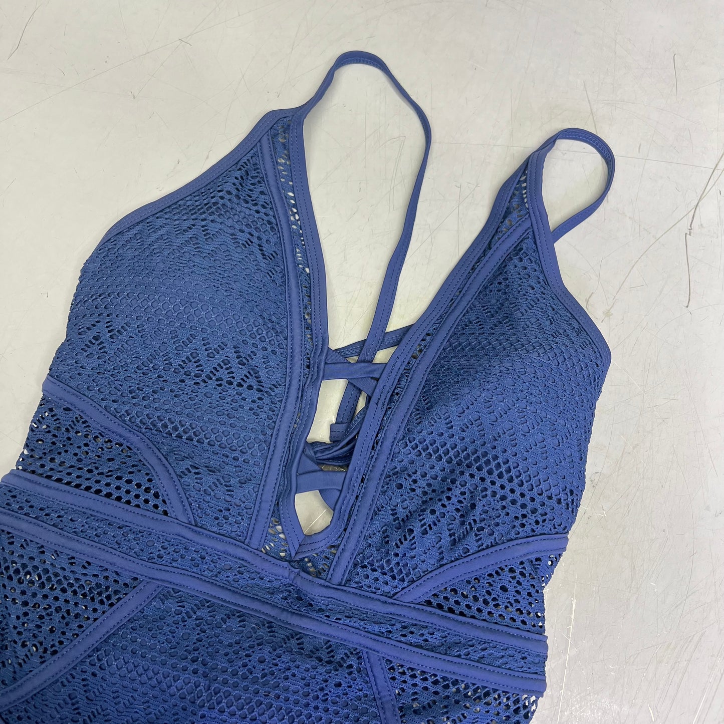 CHARMO Solid Cross Plunge Crochet One Piece Swimsuit Women's Sz S Blue