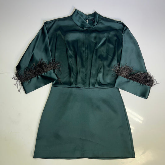 ZARA Open Back Feather Satin Effect Short Dress Women's Sz S Dark Green/Black