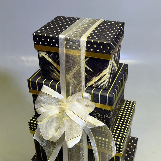 ZA@ BROADWAY BASKETEERS (SET OF 6) Bow Tied Tiered Gift Boxes W/ Treats In Each Black/Gold