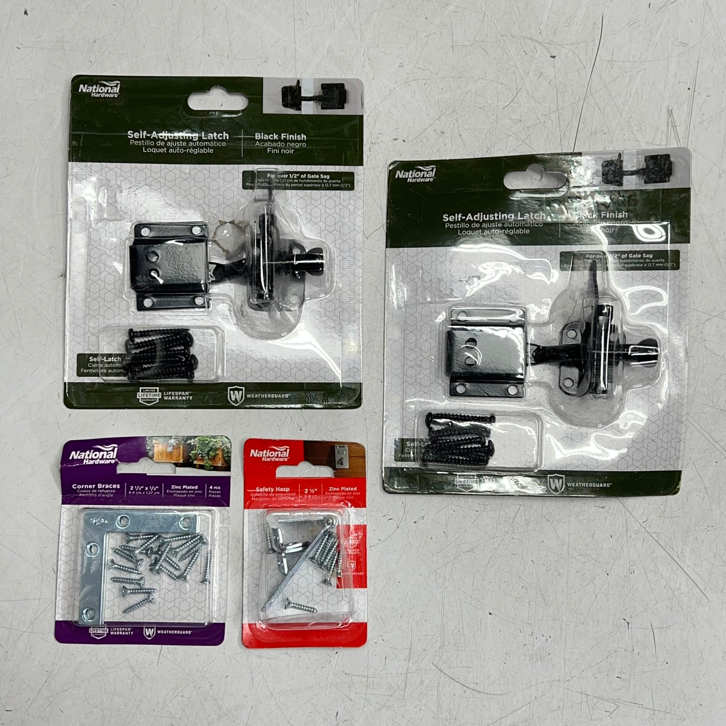 NATIONAL HARDWARE (LOT OF 4) Outdoor Hardware, Self Adjusting Latch, Safety Hasp & Corner Braces Silver/Black