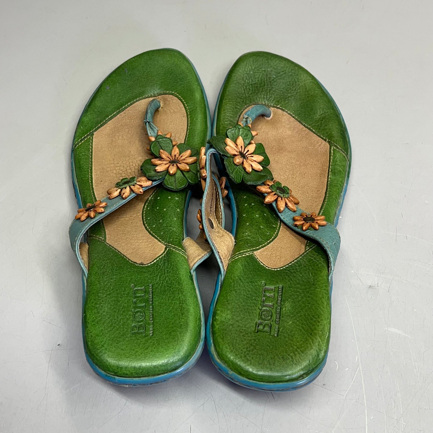 BORN Leather Beaded Flower Sandal W/ Heel Women's Sz 12 Green/Blue (Used)