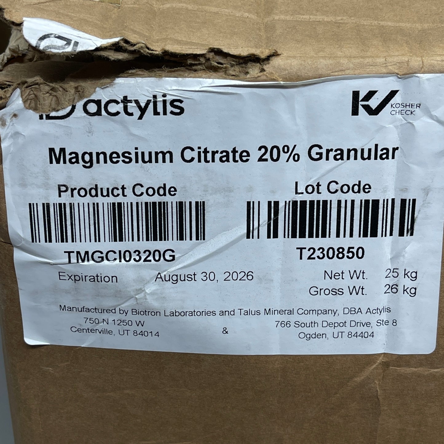 ZA@ ACTYLIS (55 LBS) Magnesium Citrate 20% Granular 25Kg TMGCI0320G (08/26)