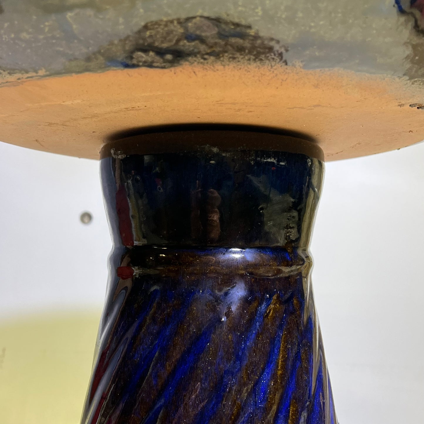 ZA@ Glazed Pottery 2 Piece Swirl Stand Bird Bath 22" L x 20" Dia Deep Blue