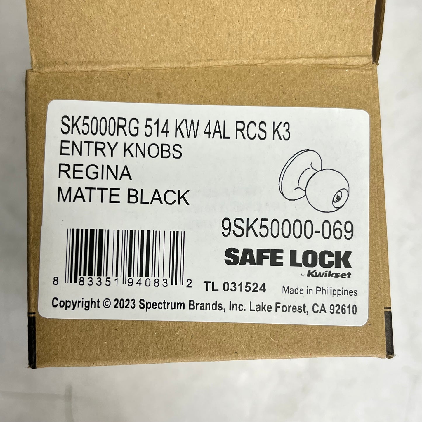 KWIKSET Safe Lock Regina Entry Adjustable Backset Matte Black 9SK50000-069