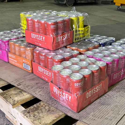 ZA@ Pallet of ODYSSEY Mushroom Elixir Sparkling Drink Energy + Focus BB 10/26 Different Flavors (AS-IS, Some Cans are Damaged)