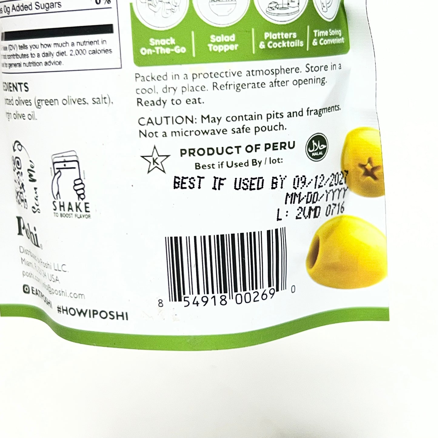 ZA@ POSHI (10 PACK) Snacks Green Olives Original Flavor 1.1 oz. BB 09/27
