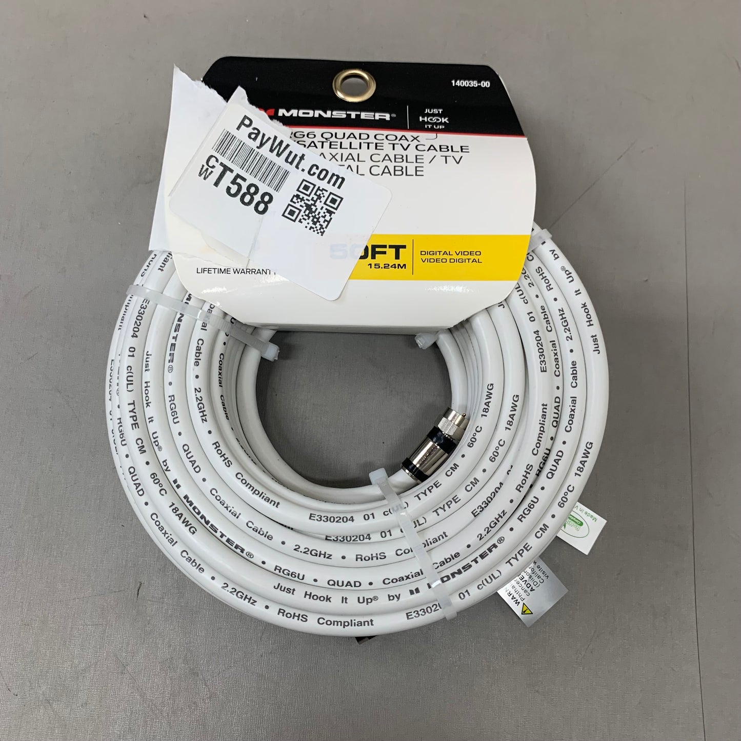 MONSTER RG6 Quad Coax Satellite Tv Cable 50ft White 140035-00