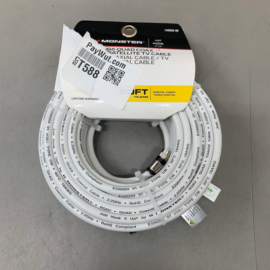 MONSTER RG6 Quad Coax Satellite Tv Cable 50ft White 140035-00