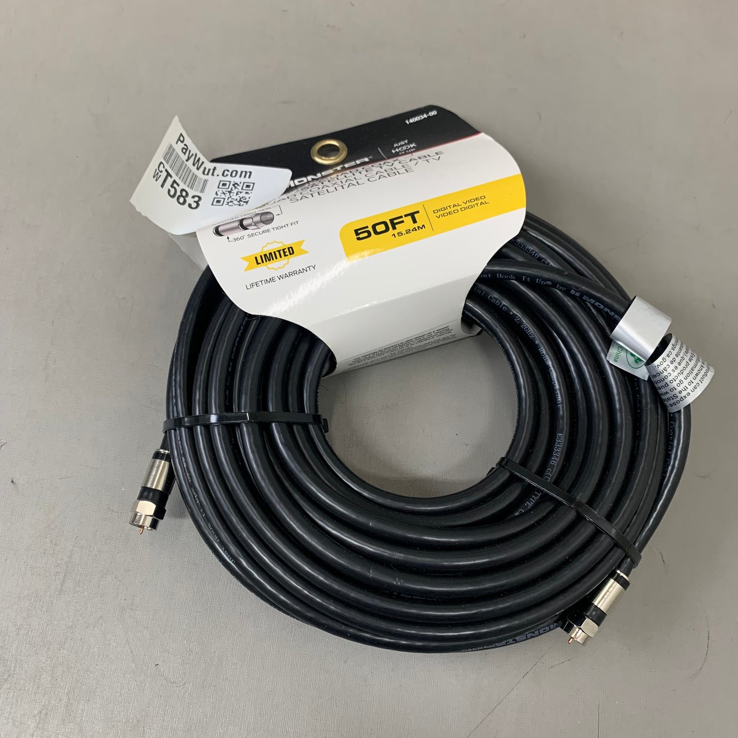 MONSTER RG6 Quad Coax Satellite Tv Cable 50ft Black 140034-00