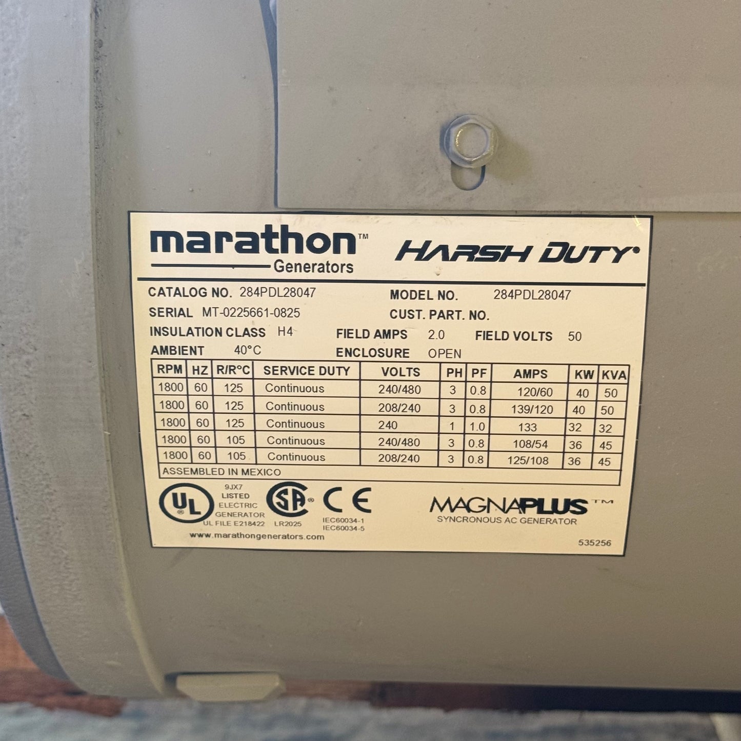 MARATHON Magnaplus Synchronous AC Generator 40 kW/50 kVa Sz 27"L x 13.5"W x 18.5"H, 284PDL28047