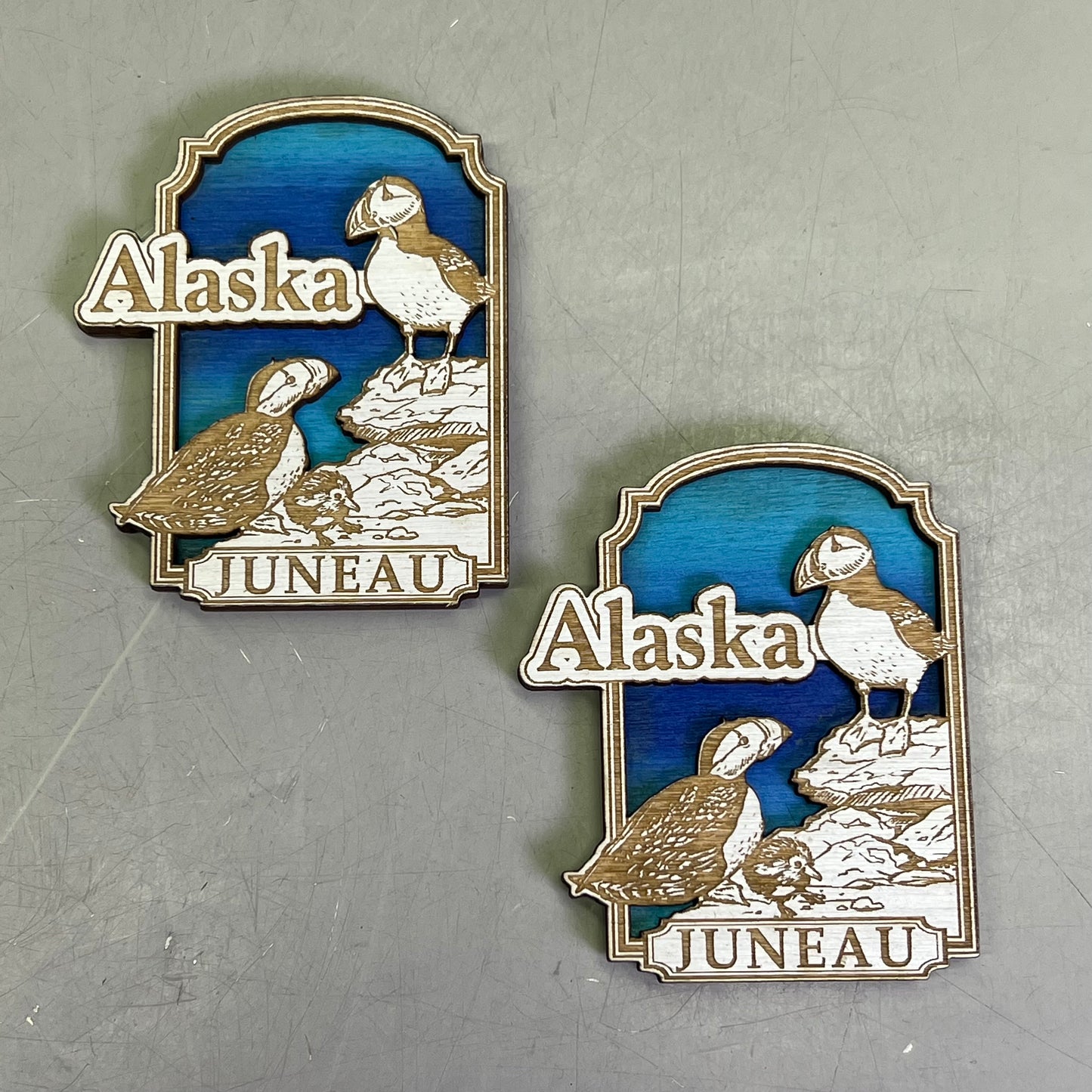 (2 PACK) Puffin Birds Laser Cut Wood Magnet Souvenir JUNEAU, AK Made In USA
