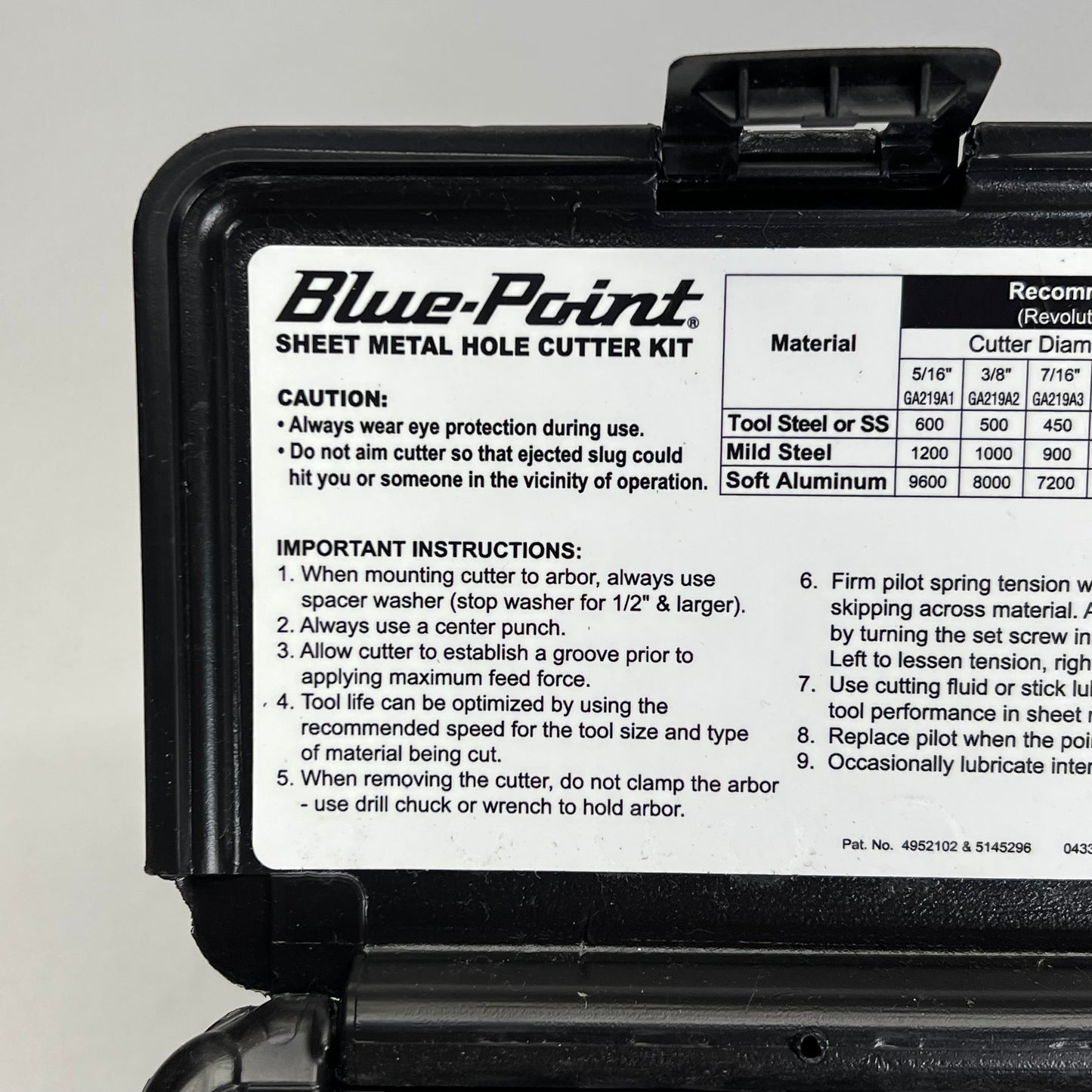 BLUE POINT Snap on Sheet Metal Hole Cutter Kit Design Prevents Clogging GA219B