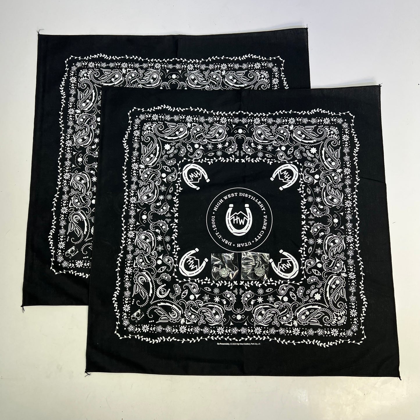 HIGH WEST DISTILIERY (4 PIECE SET) Park City Utah Bandana W/ Pins 21"x21"