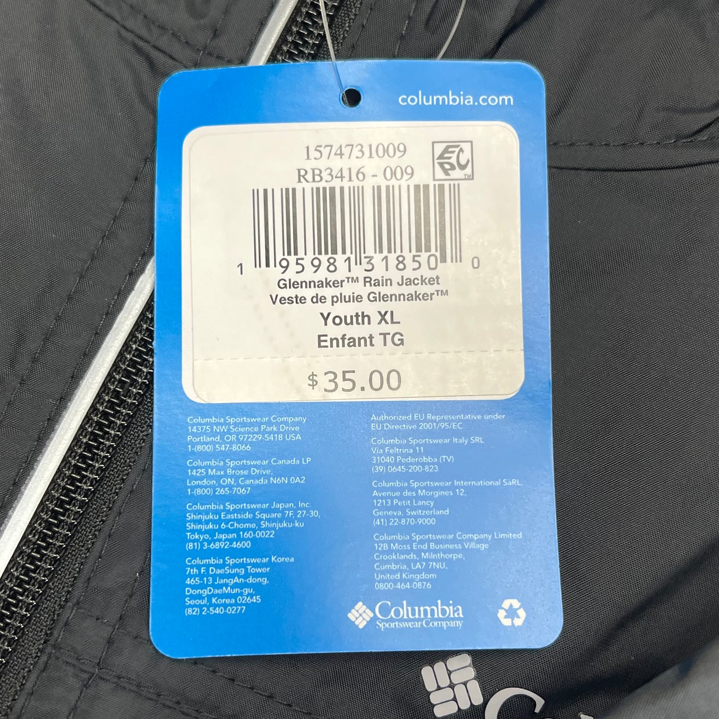 COLUMBIA Waterproof Fabric Glenmaker Jacket  Boy's Sz XL Black RB3416-009