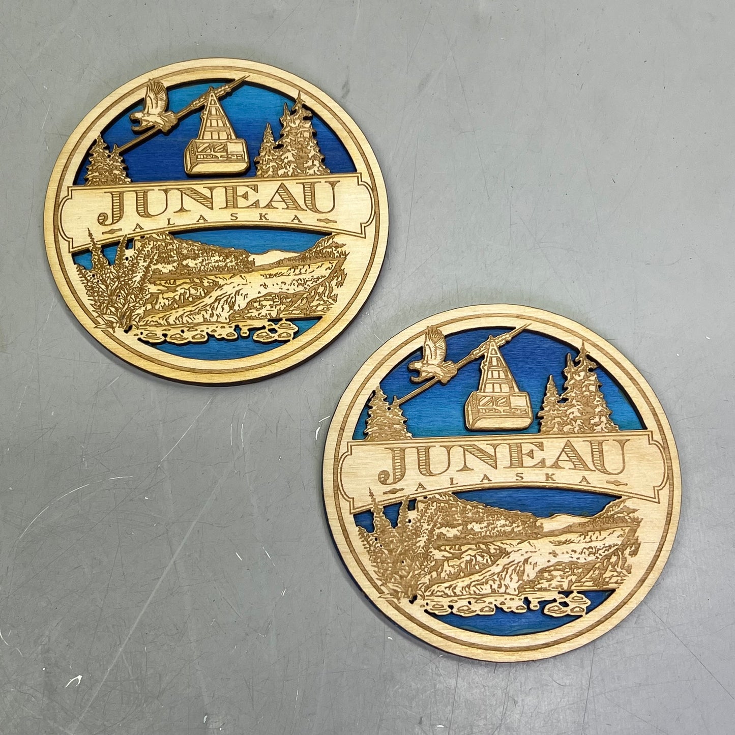 (2 PACK) Juneau Alaska Laser Cut & Painted Wooden Puck Collectable Made In USA