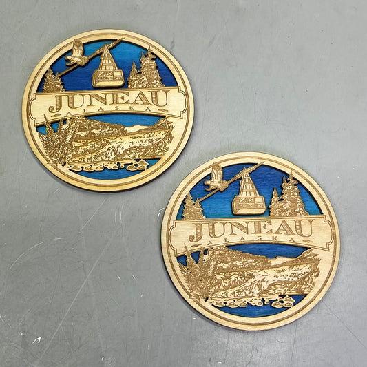 (2 PACK) Juneau Alaska Laser Cut & Painted Wooden Puck Collectable Made In USA