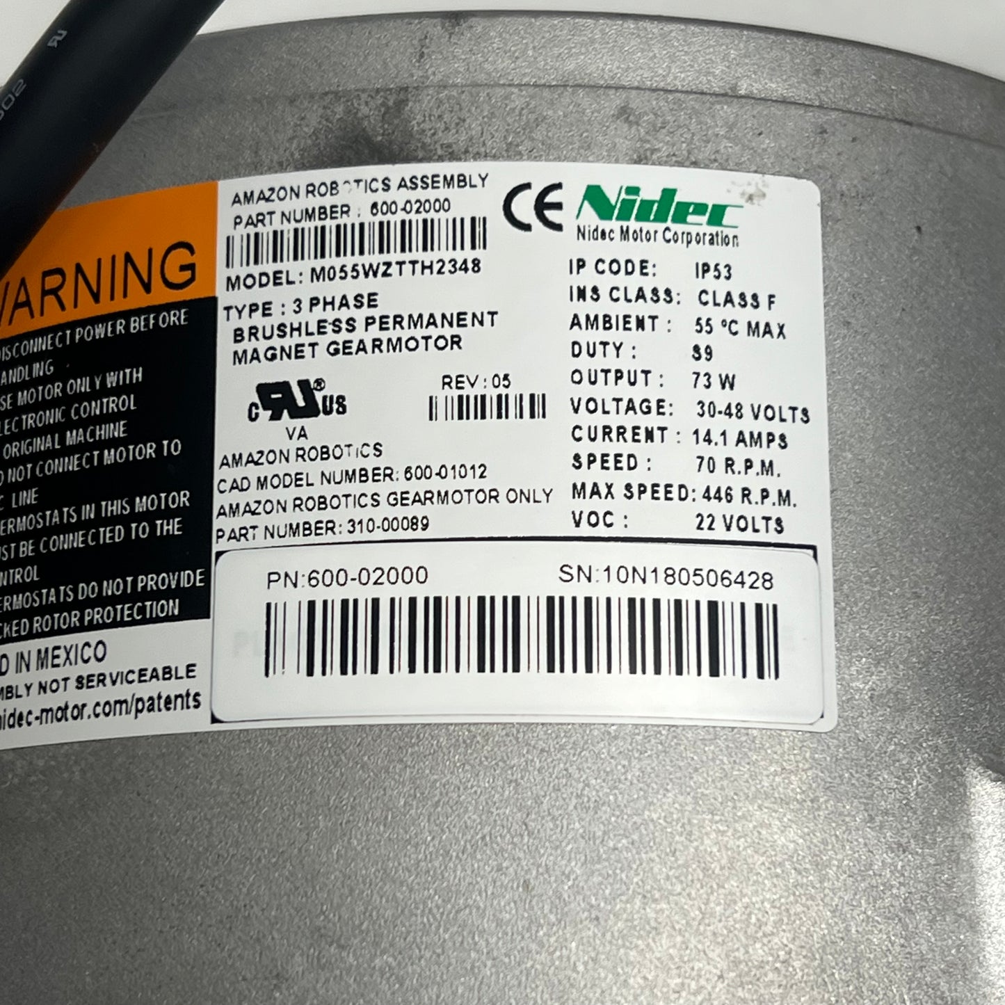 NIDEC 3 Phase Brushless Permanent Magnet Gearmotor 73W Output 600-02000