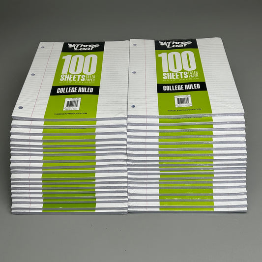 THREE LEAF (36 PACK) Filler Paper College Ruled 100 Count 10.5" x 8" (New)