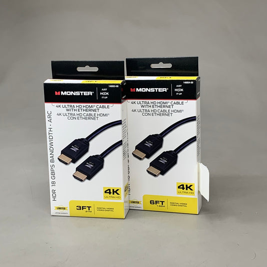 MONSTER (2 Pack) 4K Ultra HDMI Cables w/ Ethernet 3ft,6ft Black 140054-00, 140053-00