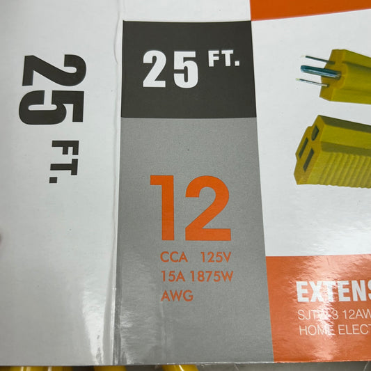HOME ELECTRICAL ACCESSORIES  Heavy Duty Outdoor/Indoor Extension Cord  12 Gauge, 25' SJTW-3Yellow
