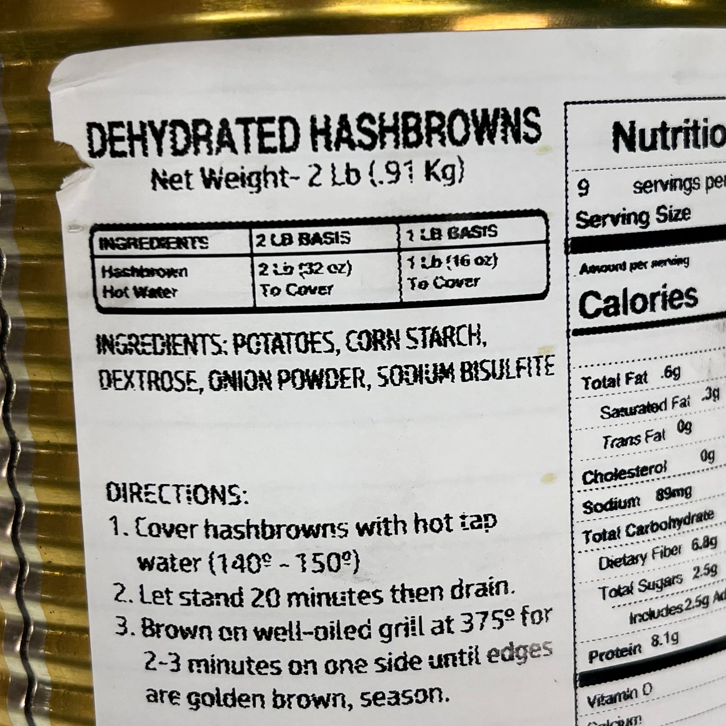 ZA@ ABBYS BEST (2 PACK) Dehydrated Hasbrowns in Can 2lb 9 Servings Each