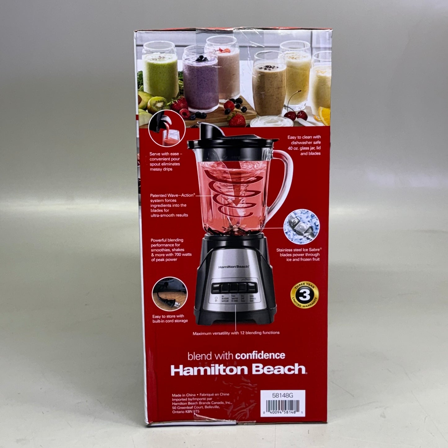 HAMILTON BEACH Power Elite Blender With 40 Oz Glass Jar 9"H Clear 58148G