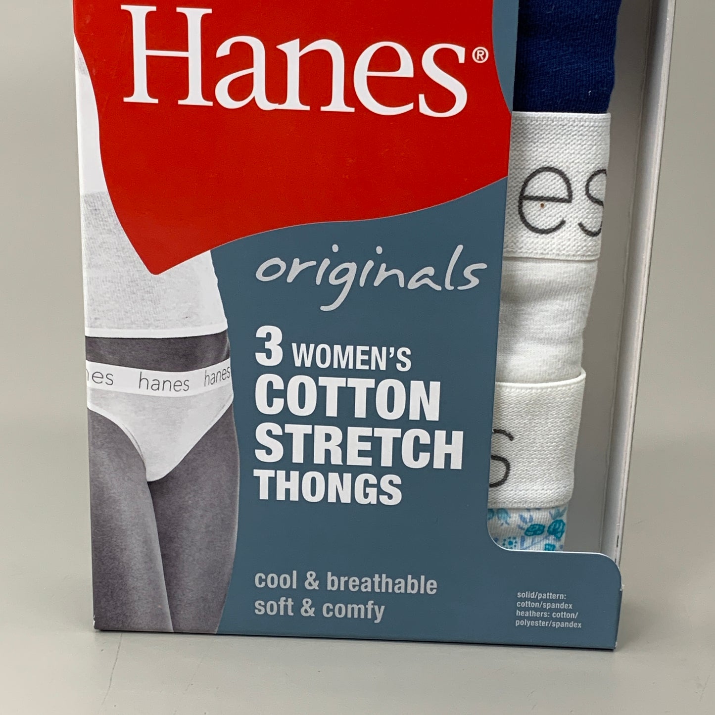 HANES 3 PACK!! Originals Women's Breathable Cotton Stretch Thongs Underwear Sz 7/L Navy/White/Floral 45U0BT