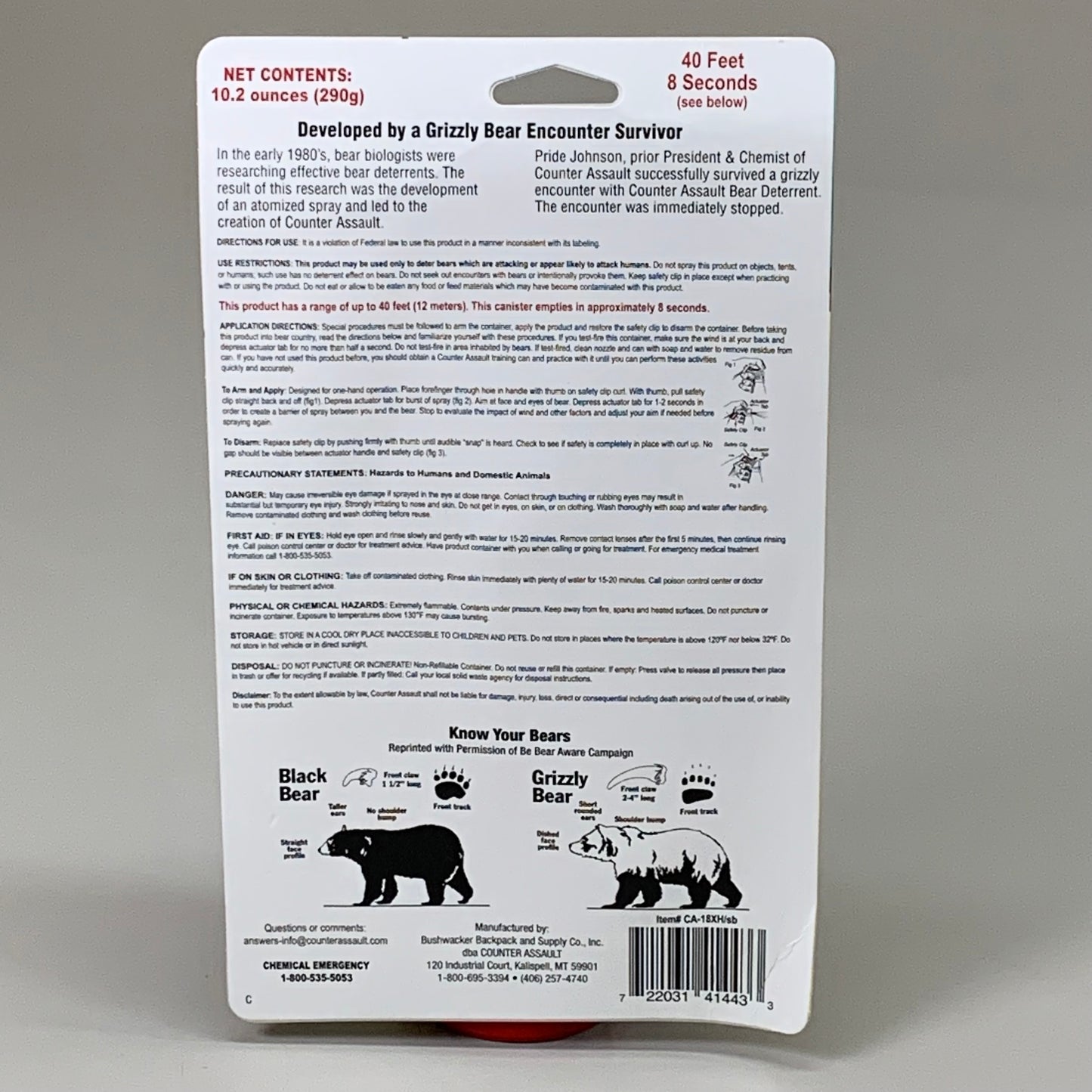 COUNTER ASSAULT Bear Spray w/ Belt Holster 40ft Spray Distance 10.2oz CA-18XH/sb