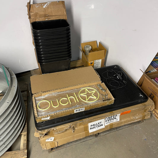 ZA@ Pallet of Desk Garbage Cans (12 pcs), Stone Tealight Holders (4 pcs), “Ouch!” Glowing Sign, Carpeted Cart Shelves (3 pcs)